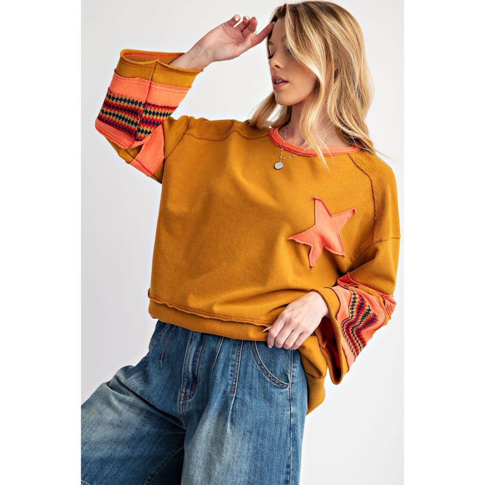 1001 EASEL Medium Size Camel Star Patch Terry Knit Washed Pullover Top